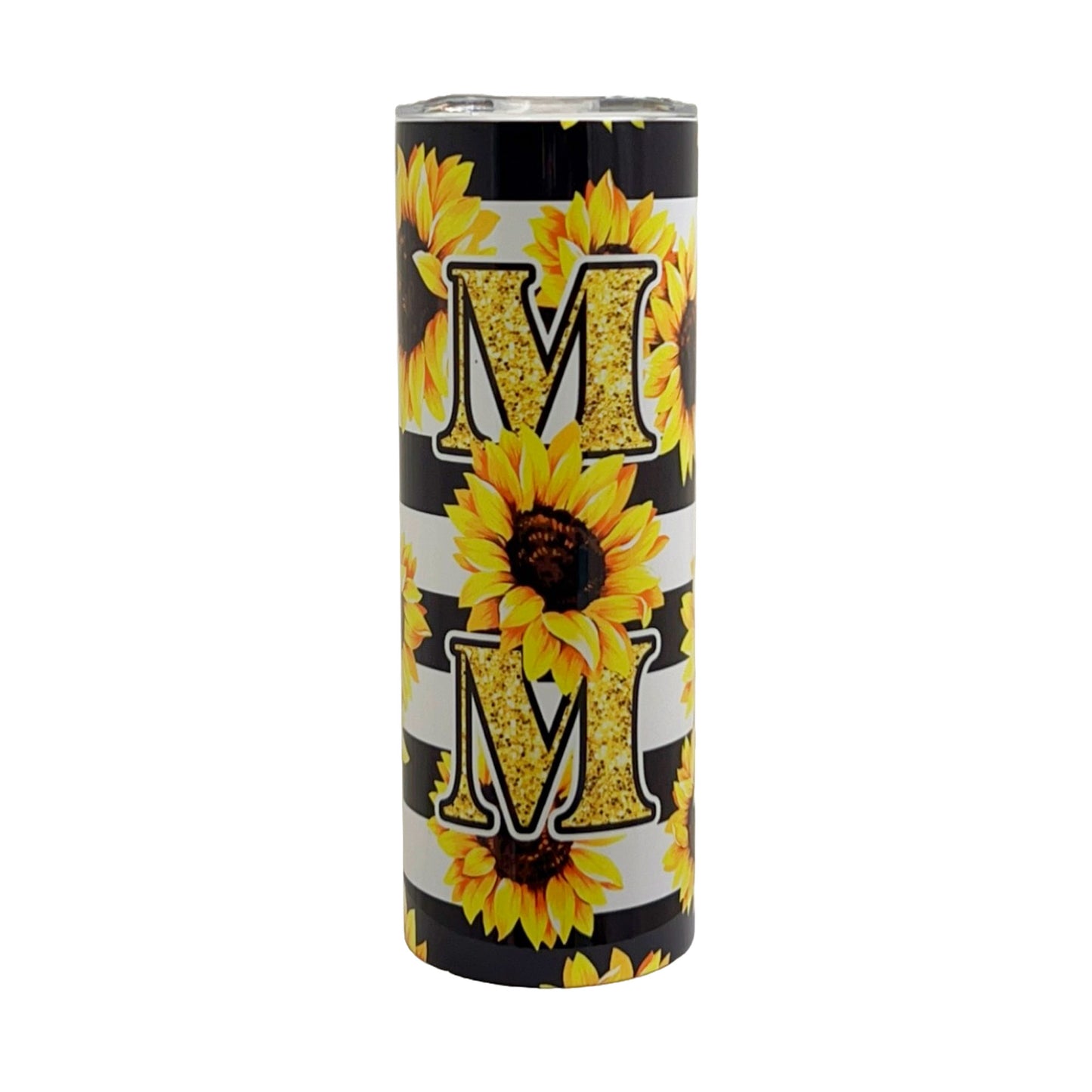 20 oz Mom Tumbler - Black and White Stripes with Sunflowers