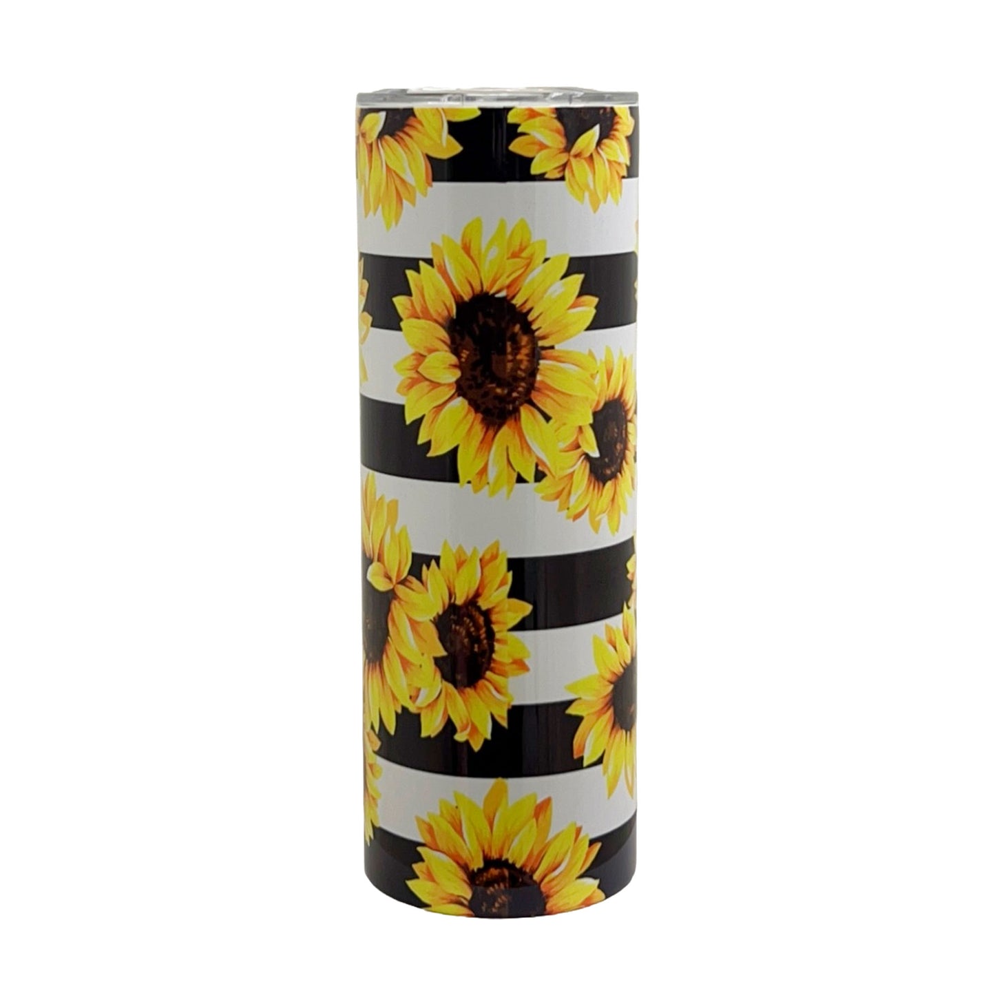 20 oz Mom Tumbler - Black and White Stripes with Sunflowers