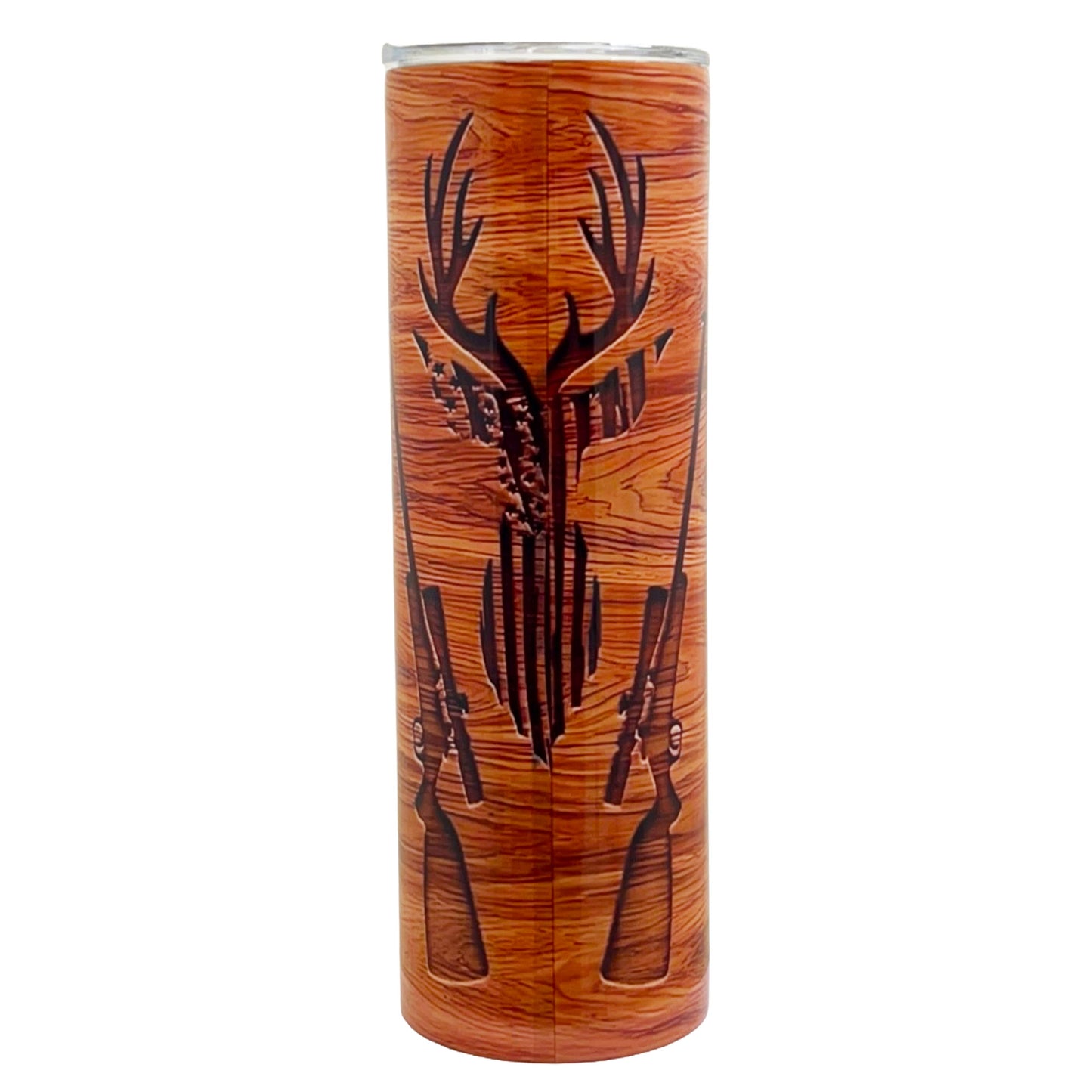 30 oz Skinny Sublimation Tumbler Wood Grain, Deer, and Flag Design