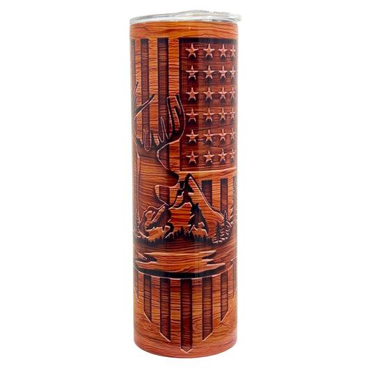 30 oz Skinny Sublimation Tumbler Wood Grain, Deer, and Flag Design