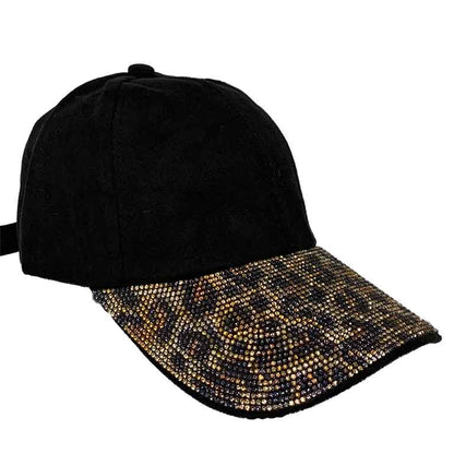 Hat Black Suede with Leopard Rhinestone Visor