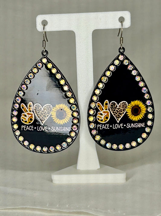 Black Peace+Love+Sunshine Surrounded with Rhinestones Teardrop Earrings