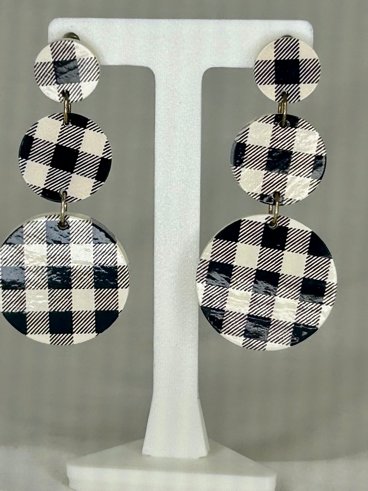 Black and White Plaid Wooden Circle Stack Earrings