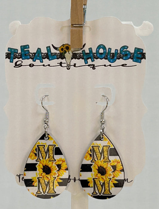 Black and White Stripes with Sunflowers MOM Wooden Teardrop Earrings