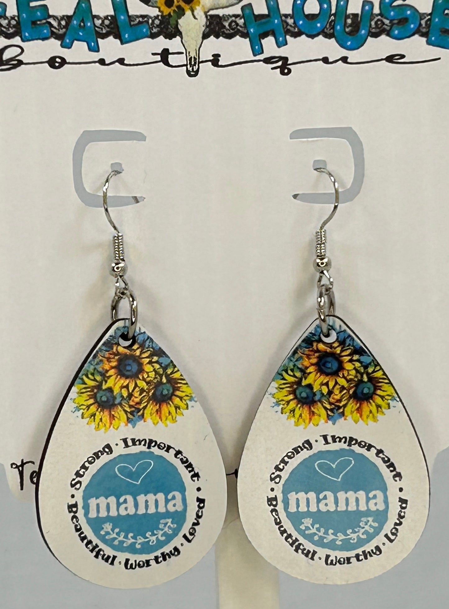 Blue Sunflowers Strong-Imortant-Beautiful-Worthy-Loved Mama Wooden Teardrop Earrings