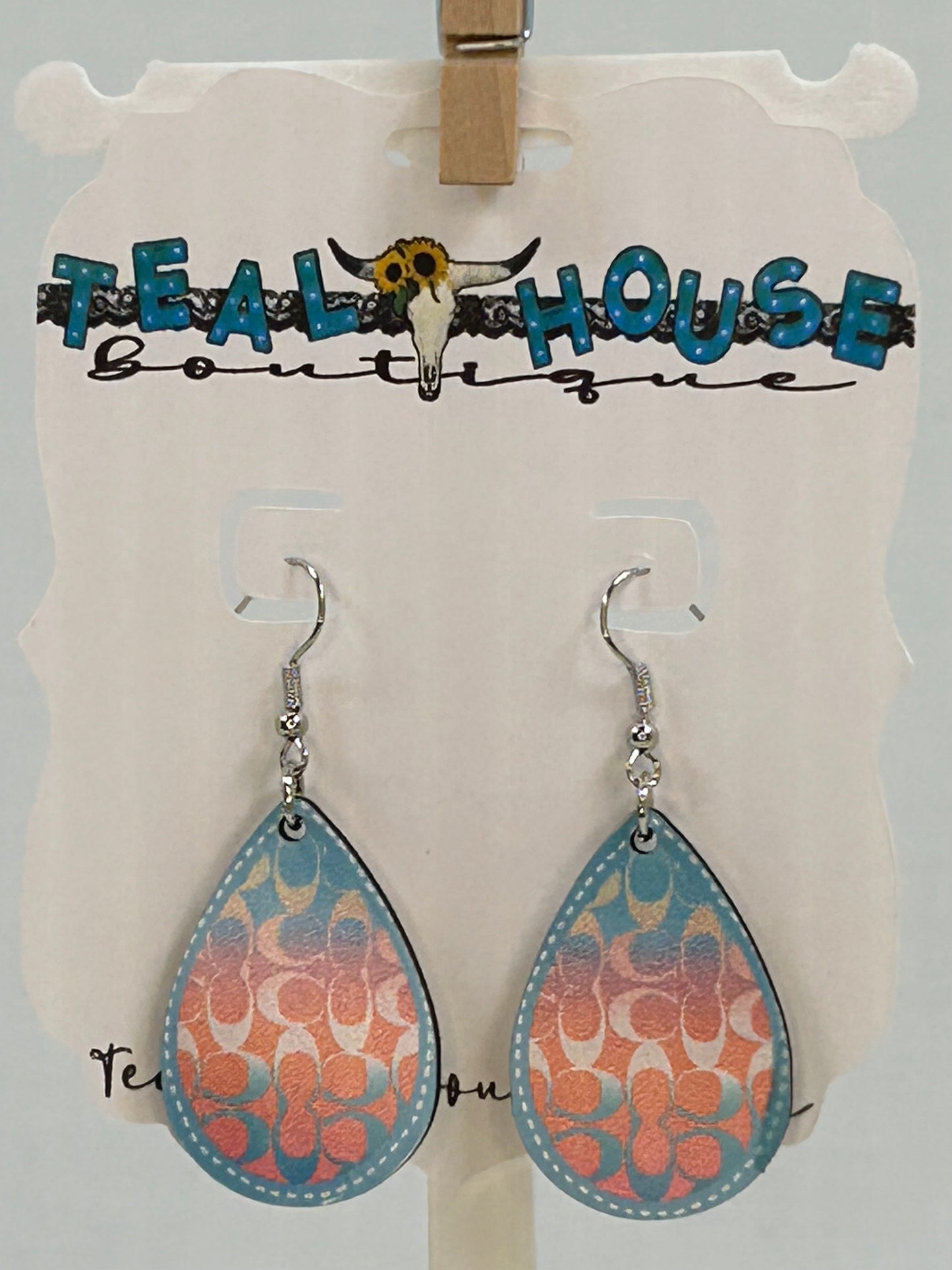 Blue and Pink Coach Pattern with White Stitch Lining Wooden Teardrop Earrings