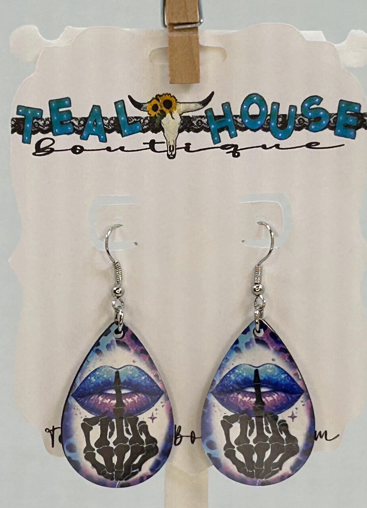 Blue and Purple Leopard Print Skeleton F U Lips Wooden Teardrop Earrings