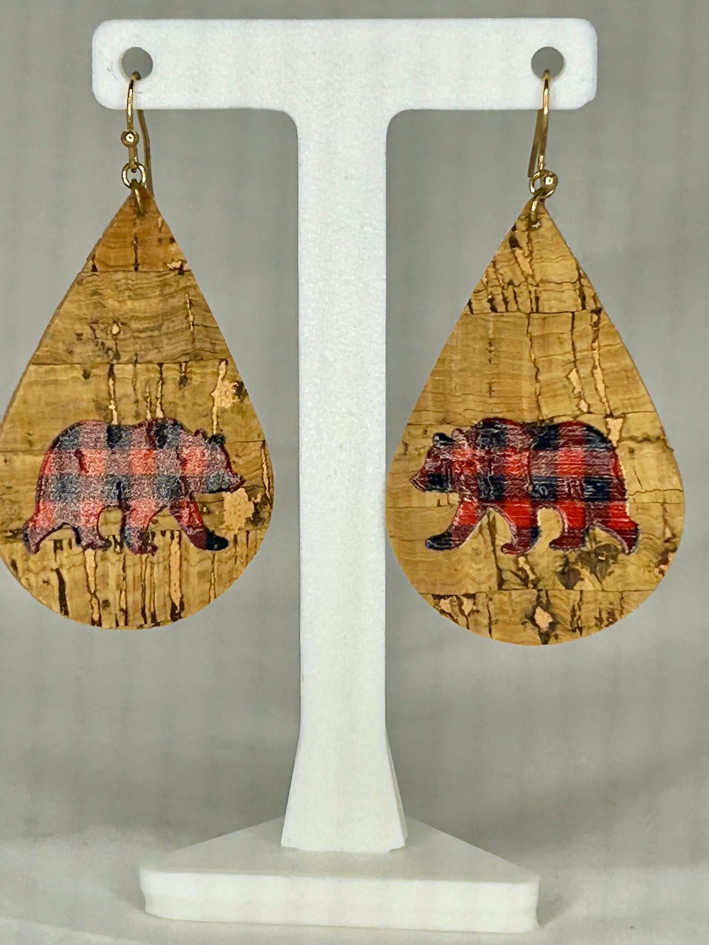 Cork Red/Black Plaid Mama Bear Teardrop Dangle Earrings