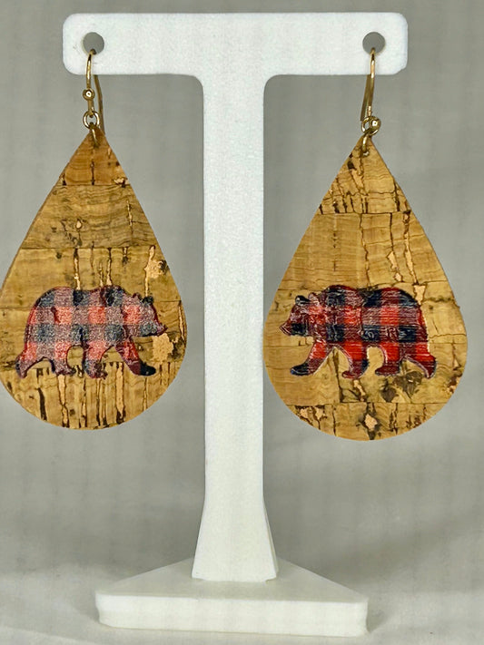 Cork Red/Black Plaid Mama Bear Teardrop Dangle Earrings