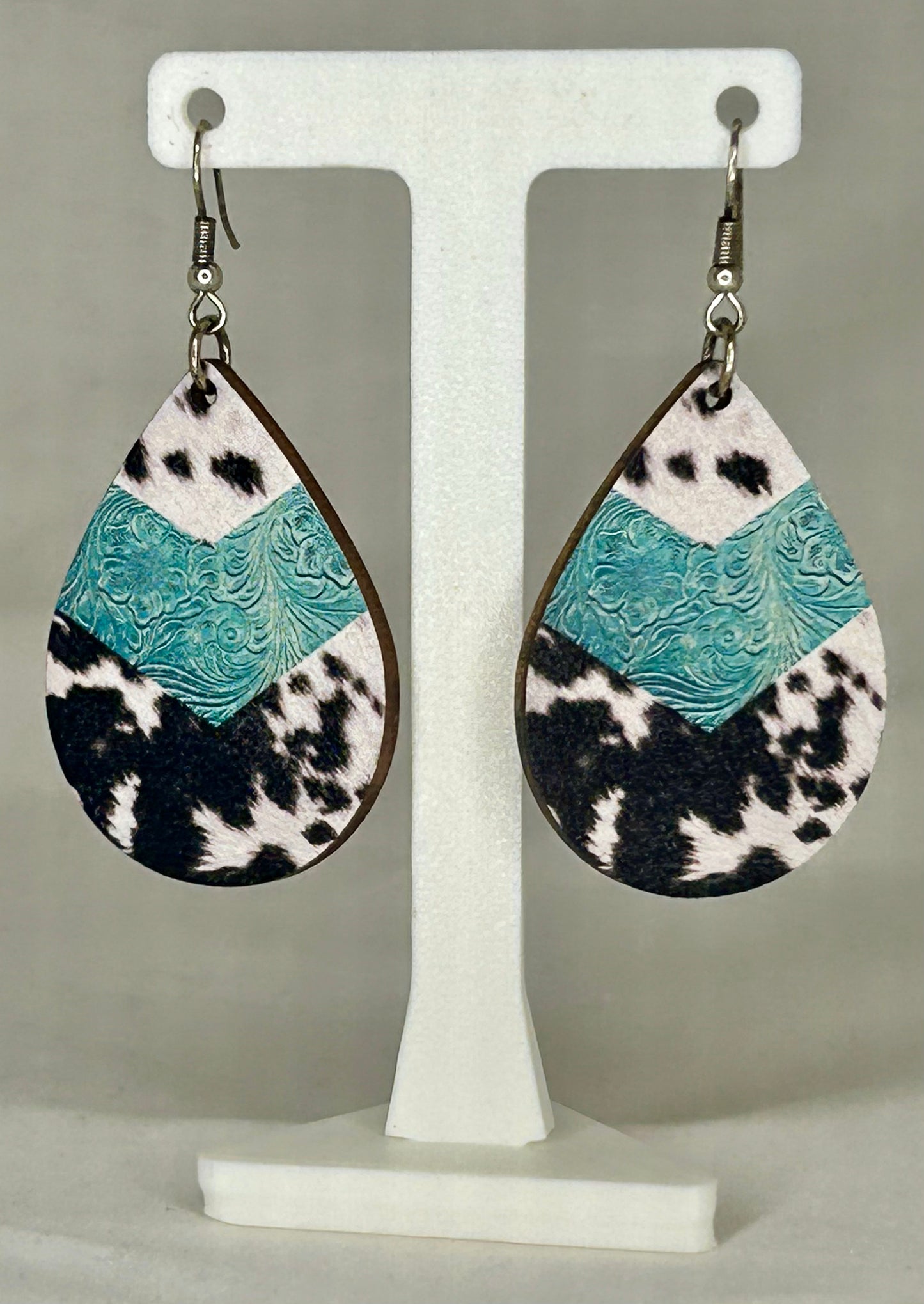 Cow Print with Turquoise Leather Design Teardrop Earrings