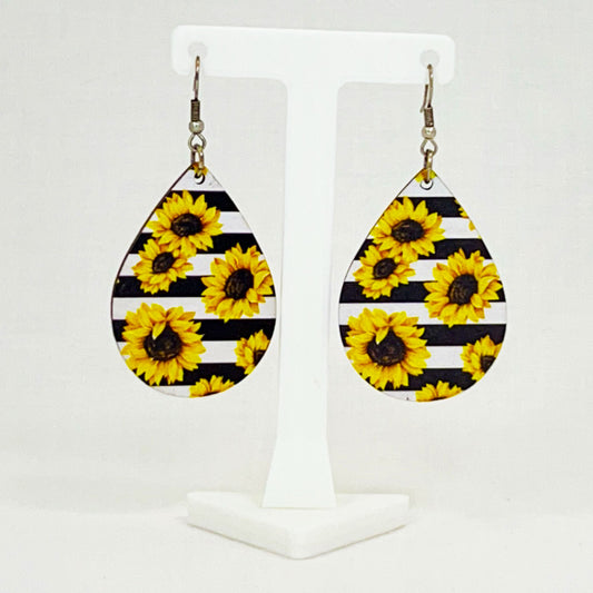 Teardrop Earrings with Black and White Stripes and Sunflowers