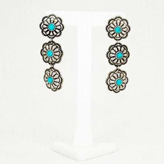 Earrings 3 Stacked Conchos with Turquoise Stone