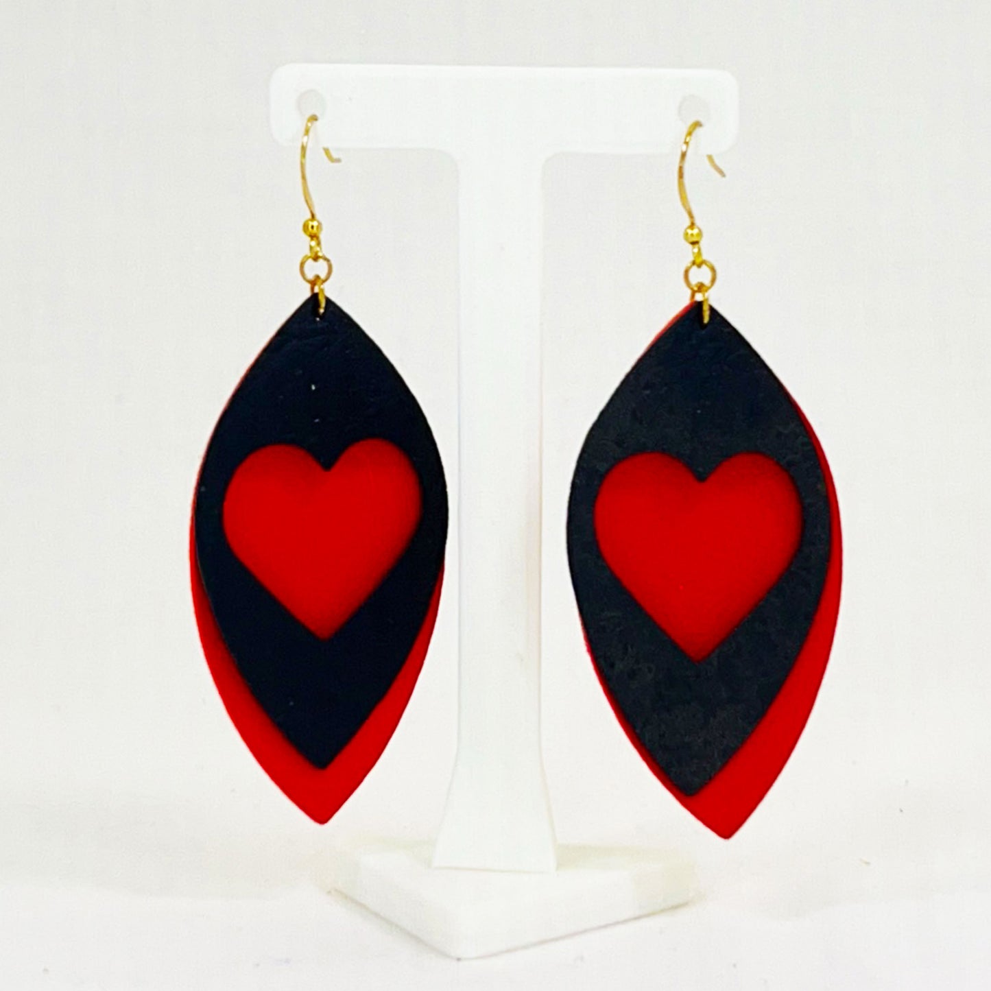 Earrings Red and Black Ovals with Heart Cutout