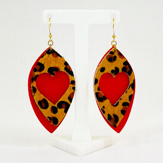 Earrings Red and Leopard Ovals with Heart Cutout