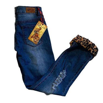 L & B (Lucky and Blessed) Distressed Boyfriend Jeans with Leopard Print Patches