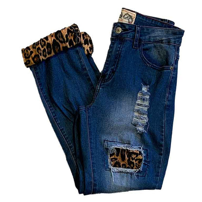 L & B (Lucky and Blessed) Distressed Boyfriend Jeans with Leopard Print Patches