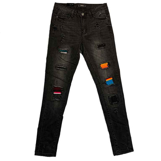 L&B (Lucky and Blessed) Distress Black Skinny Jeans with Serape Patches