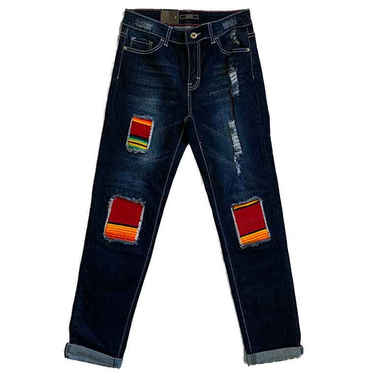 L&B (Lucky and Blessed) Boyfriend Cut Distressed Jeans with Serape Patches