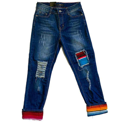 L&B (Lucky and Blessed) Denim Capris with Serape Patches