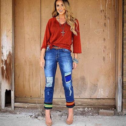 L&B (Lucky and Blessed) Denim Capris with Serape Patches