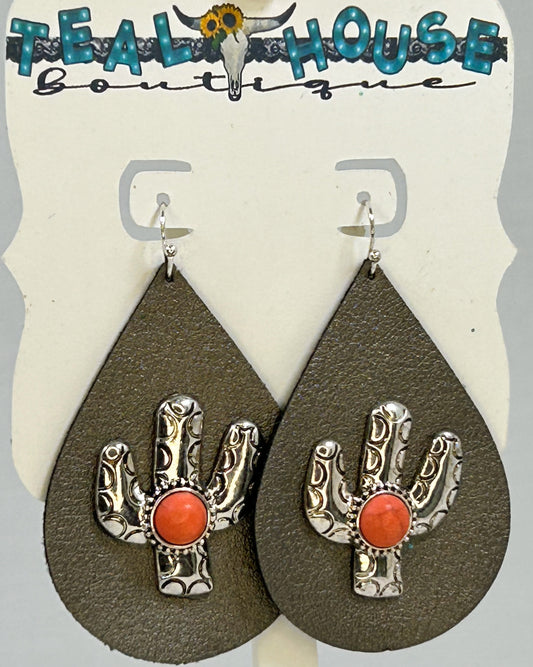 Silver and Coral Cactus on Leather Teardrop Earrings