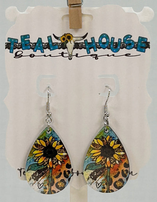 Leopard Print with Sunflower Teardrop Earrings