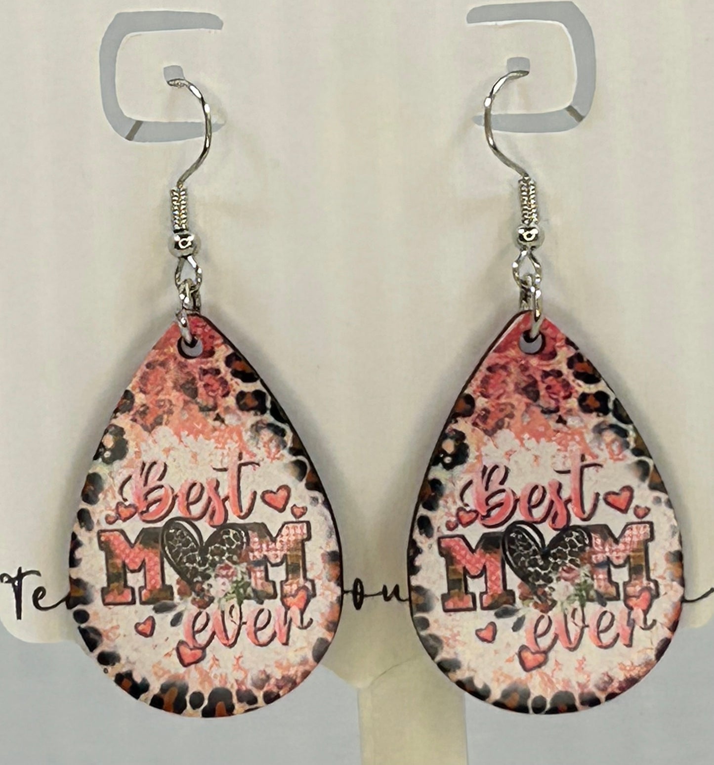 Pink Leaopard Print Best Mom Ever Teardrop Earrings