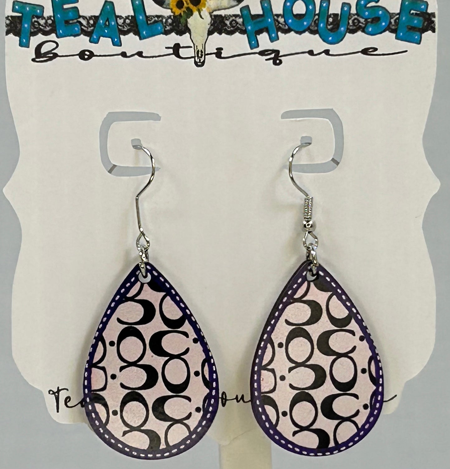 Purple Coach with White Stitch Edge Wooden Teardrop Earrings