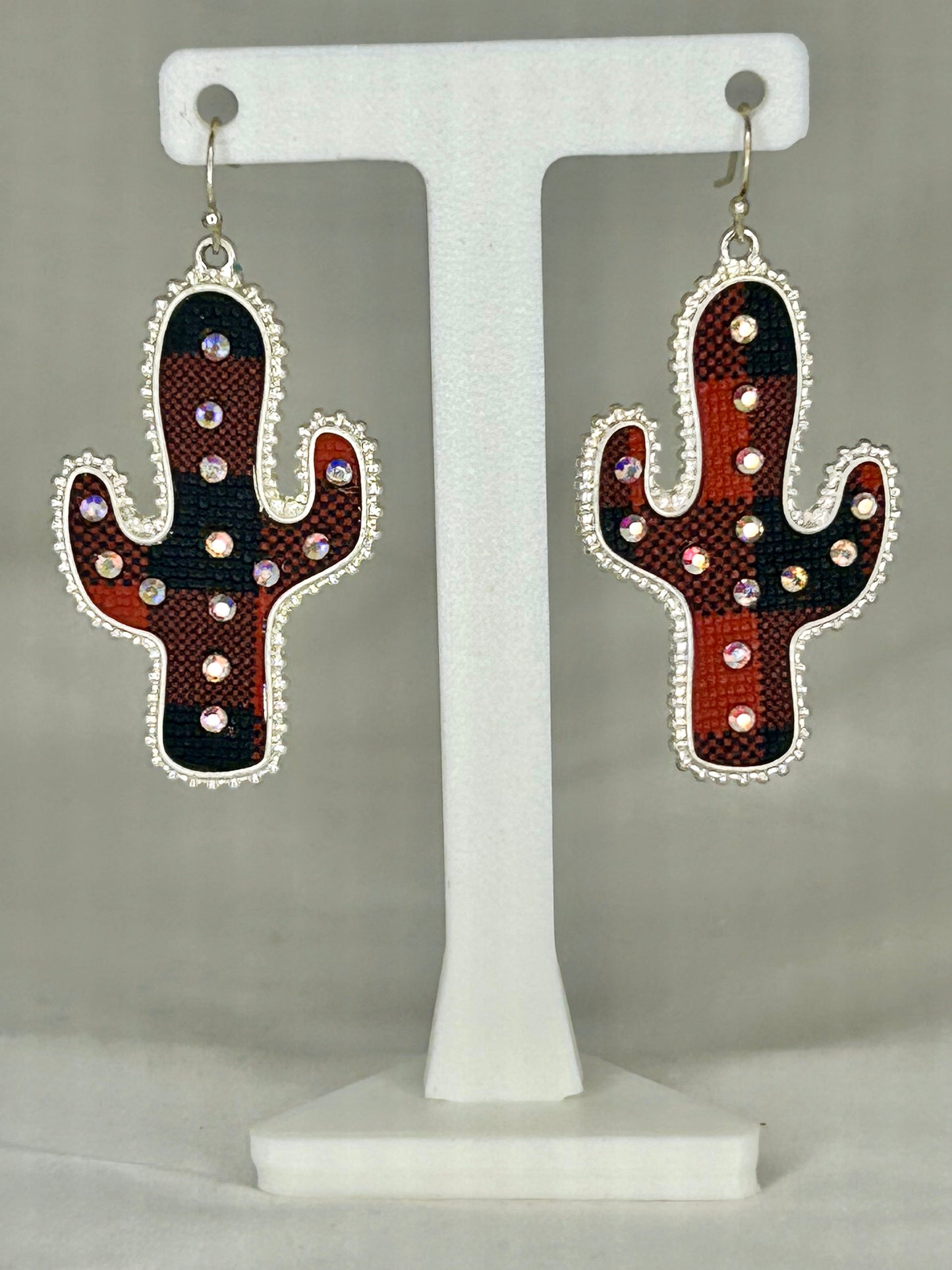 Red and Black Plaid Silver Cactus with Rhinestones Earrings