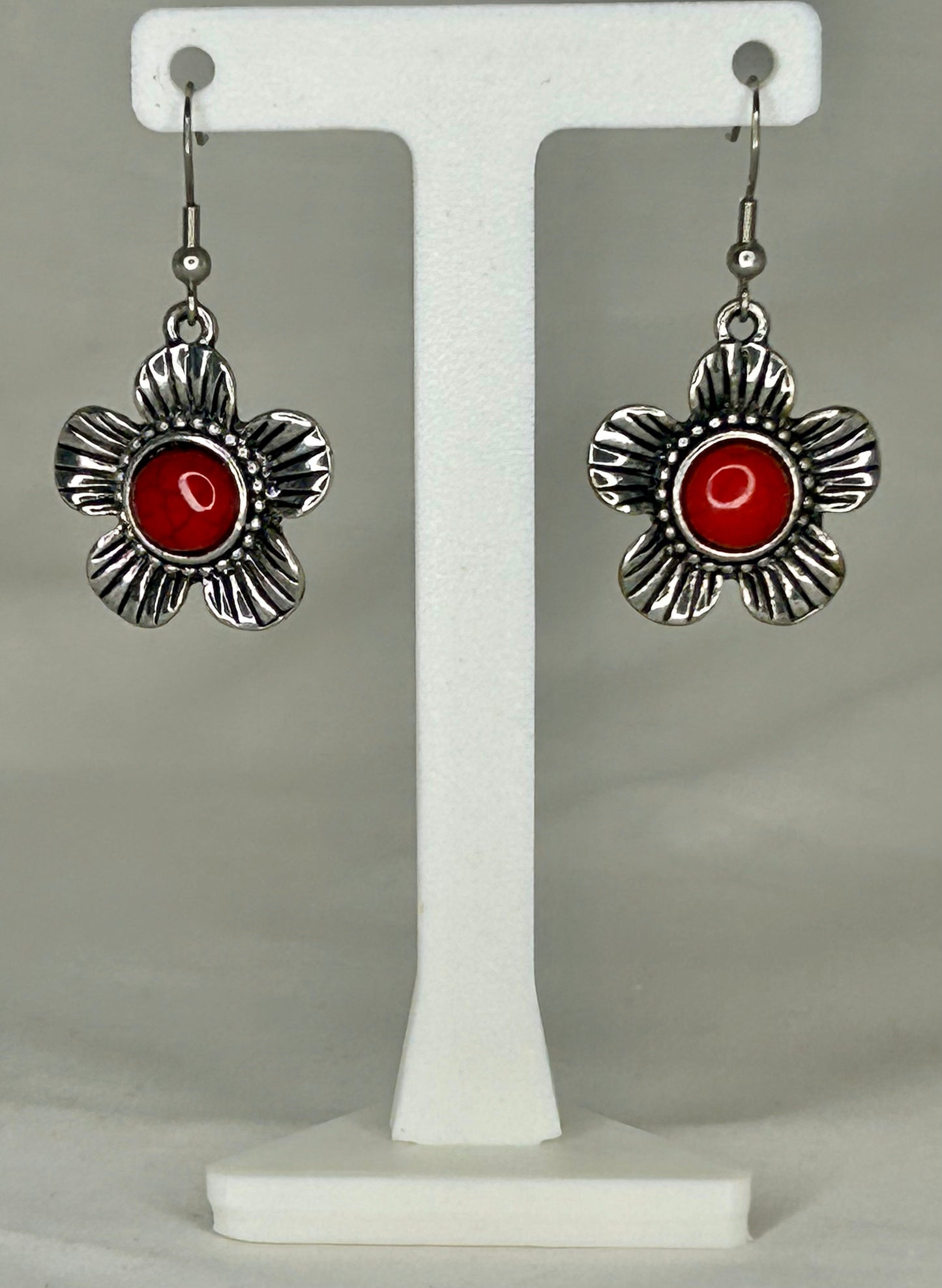 Silver Flower with Red Stone Earrings