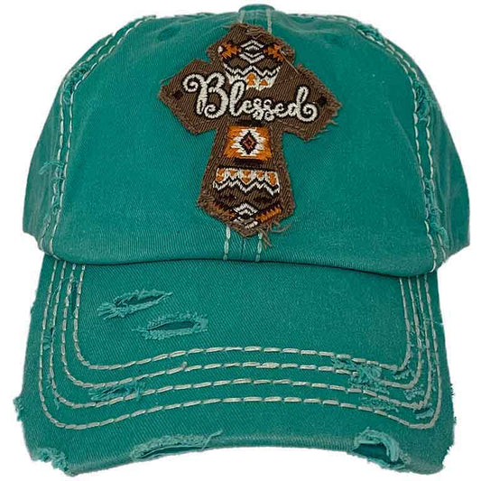 Hat Turquoise Vintage with Blessed Cross Patch