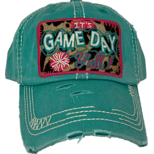 Hat Turquoise Vintage with Leopard Its Game Day Yall Patch