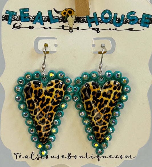 Turquoise Bling Leopard Heart Earrings