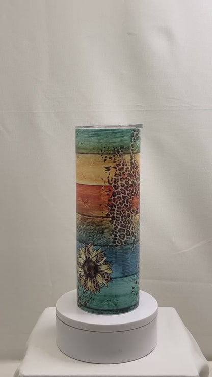 20 oz Colorful Wood with Leopard Print and Sunflowers Sublimation Tumbler