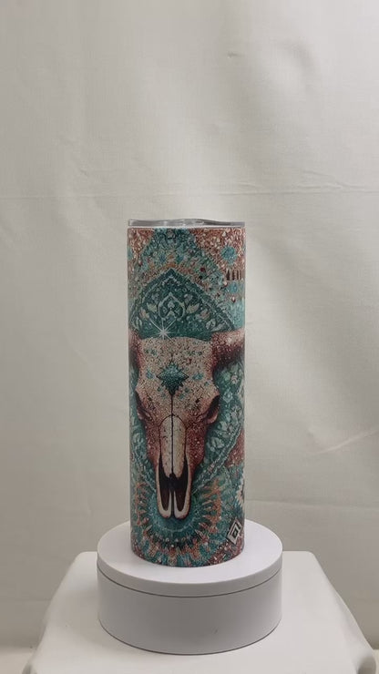 20 oz Teal Gold Cow Skull Sublimation Tumbler