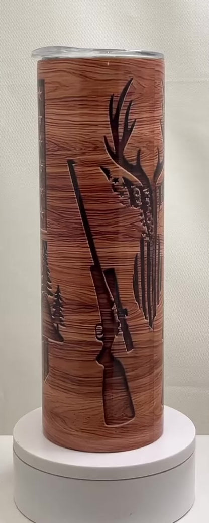 30 oz Skinny Sublimation Tumbler Wood Grain, Deer, and Flag Design