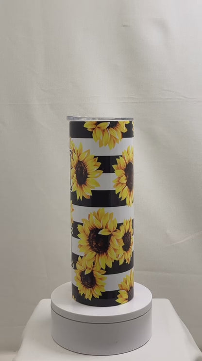 20 oz Mom Tumbler - Black and White Stripes with Sunflowers