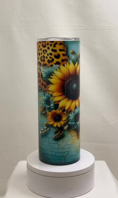 20 oz Teal Leopard Sunflower Sublimation Tumbler